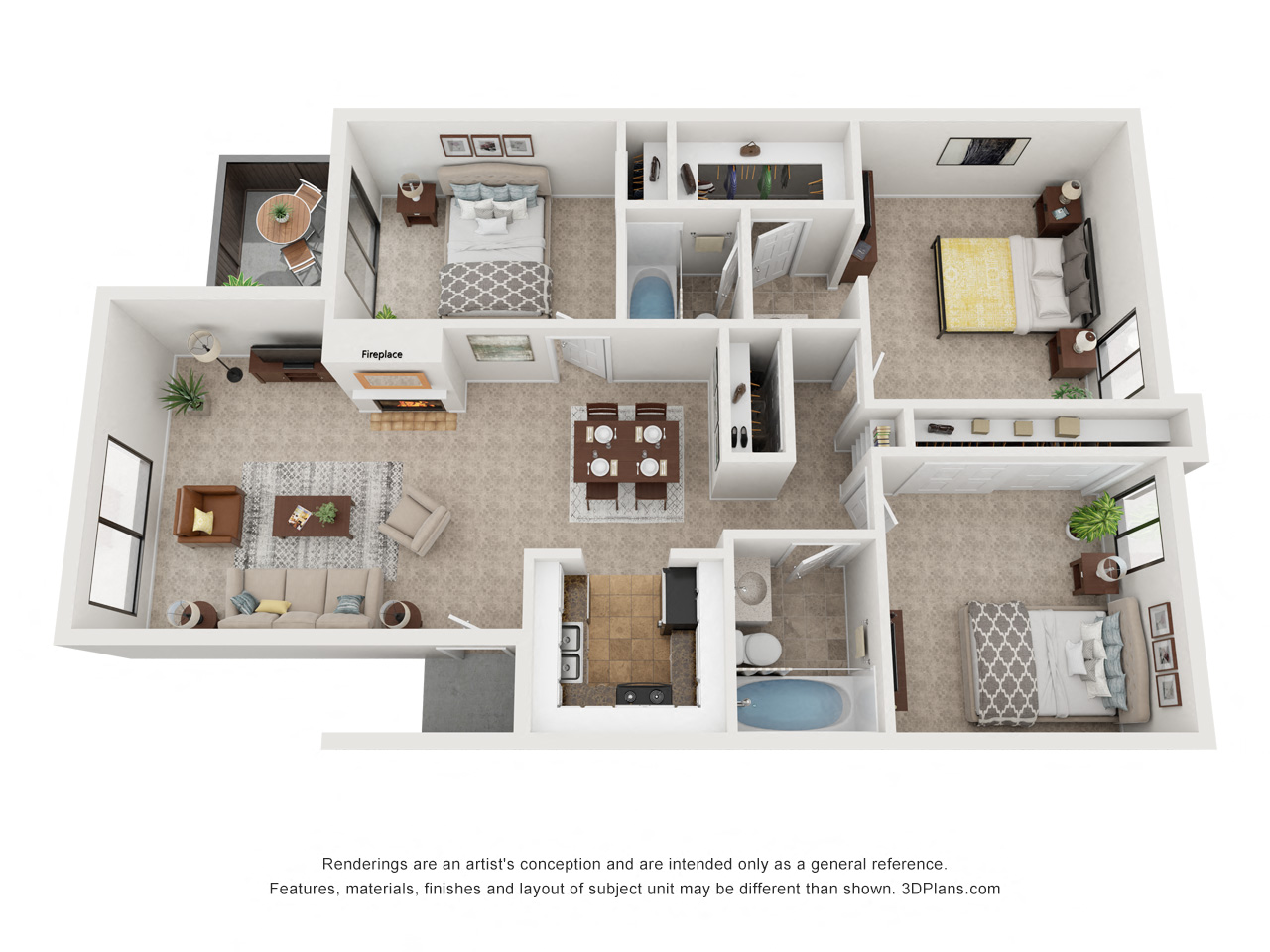 Floor plan for 3 beds, 2 baths, 1125 sqft